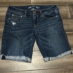 American Eagle Outfitters Women's Frayed Hem Jean Shorts - Dark Blue